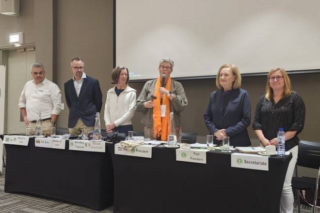 From left Flavio Salvadego - Director at Large Edvinas Samkus - Vice President Sarah Murphy - Treasurer Lena Olofsson - President Cathy Greteman - Past President Sarah McGee - Secretariat